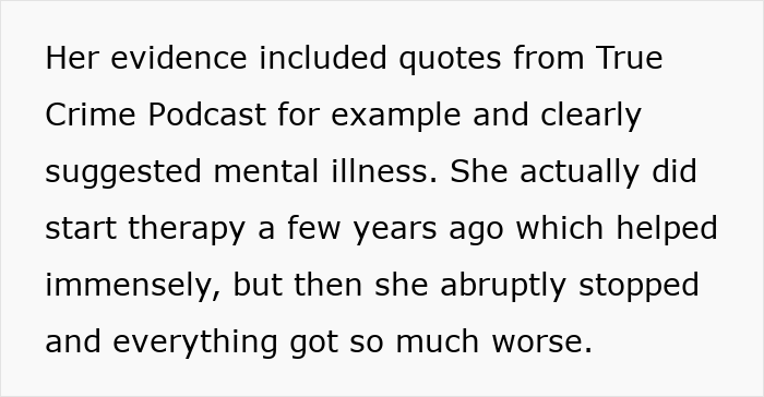 Text excerpt discussing therapy and mental illness linked to wife of 10 years ruining husband’s reputation after leaving him. Text excerpt discussing therapy and mental illness linked to wife of 10 years ruining husband’s reputation after leaving him.