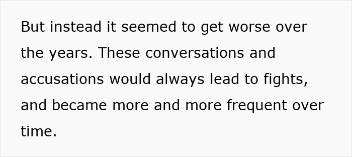 Text about worsening accusations and fights over time, highlighting wife ruining husband's reputation after 10 years.