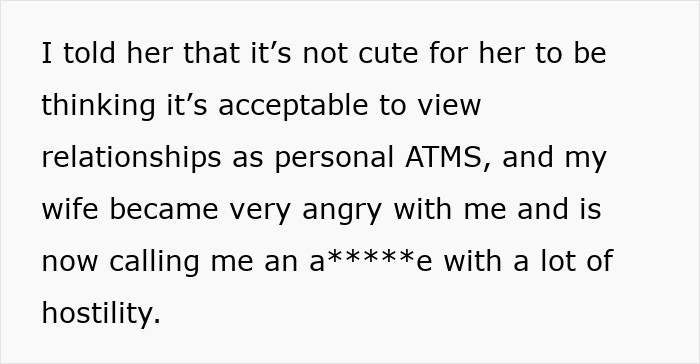 Text excerpt about a dad calling out his wife after she teaches their daughter to treat her boyfriend like a personal ATM.