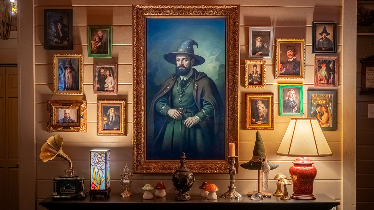 Portrait gallery in a Harry Potter-themed cabin with wizard paintings, magical decor, and warm ambient lighting.