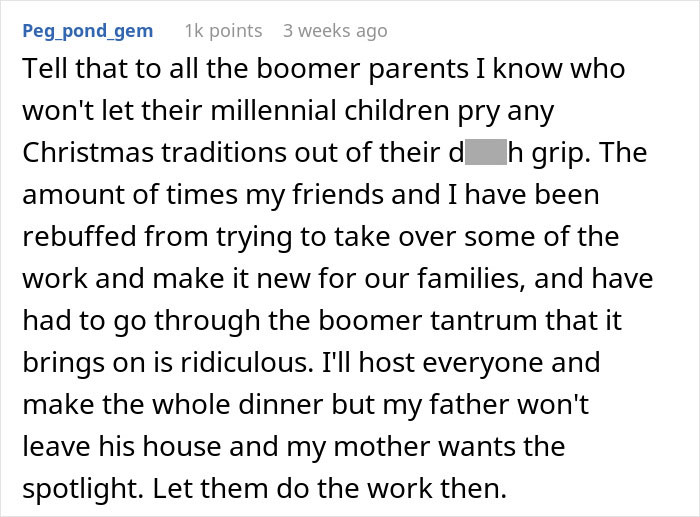 Screenshot of a social media comment discussing feminism and the unfair labor burden on moms during Christmas traditions. Screenshot of a social media comment discussing feminism and the unfair labor burden on moms during Christmas traditions.