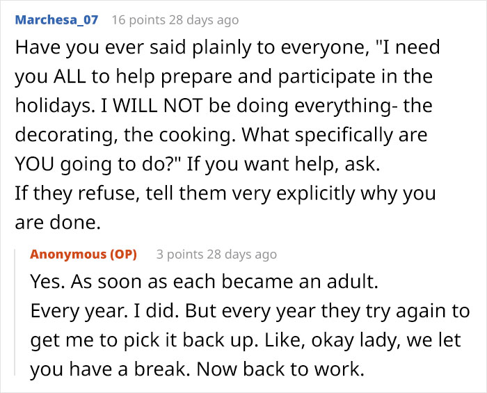 Comment exchange about adults avoiding holiday labor while moms handle all the work, highlighting feminism and family roles. Comment exchange about adults avoiding holiday labor while moms handle all the work, highlighting feminism and family roles.