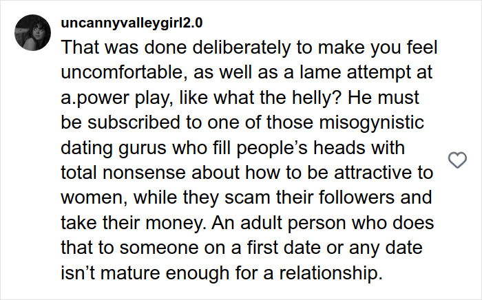 Comentário criticando o plano imaturo de um homem no primeiro encontro, destacando gurus misóginos do namoro e maturidade no relacionamento.