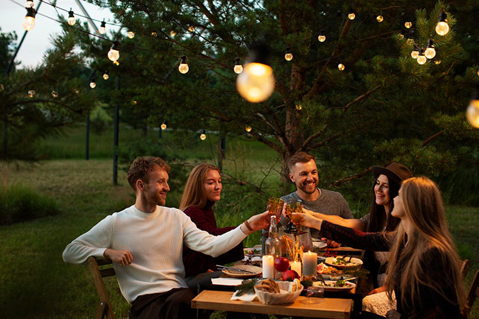 Mentally Unstable Woman at outdoor dinner party raising a glass with friends under string lights