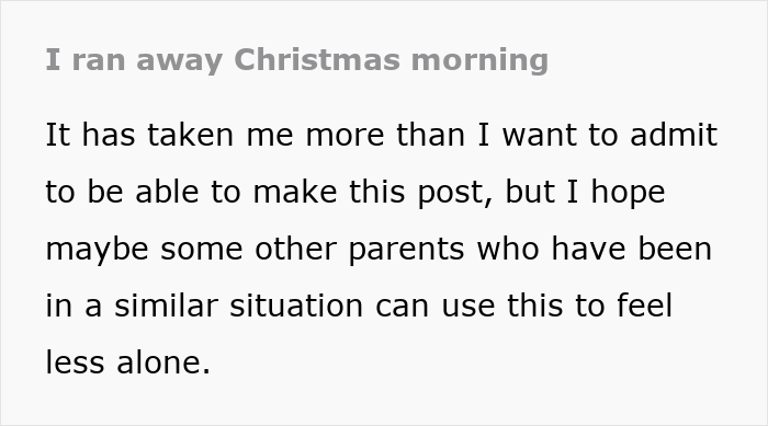 Text post about a mom who ran away from her kids on Christmas and reflects on the experience and parental struggles.