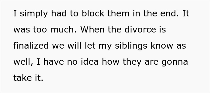 Text about a mom feeling overwhelmed and blocking family during a difficult time amid divorce and parenting challenges.