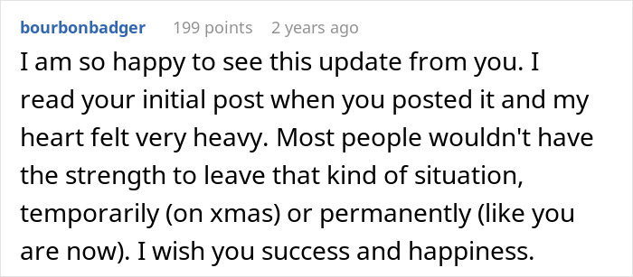 Comment expressing support and happiness for a mom who ran away from her kids on Christmas and shared an update online.
