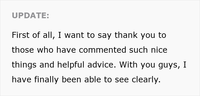 Update text on a screen thanking commenters and reflecting on gaining clarity, related to mom running away from kids on Christmas.