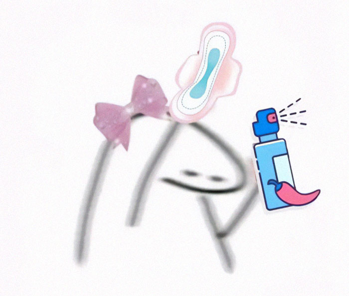Abstract drawing with a pink period pad, a purple bow, and a blue pepper spray bottle representing woman scaring off men stalkers. Abstract drawing with a pink period pad, a purple bow, and a blue pepper spray bottle representing woman scaring off men stalkers.