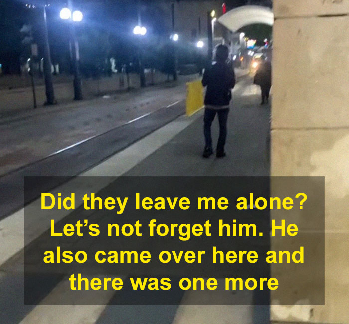 Man walking away at night on a street while a woman scares off men stalkers using a period pad as a deterrent. Man walking away at night on a street while a woman scares off men stalkers using a period pad as a deterrent.