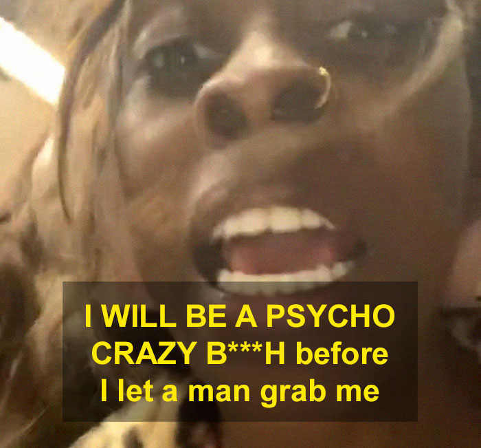 Close-up of a woman speaking fiercely, showing her stance to scare off men and stalkers using a period pad. Close-up of a woman speaking fiercely, showing her stance to scare off men and stalkers using a period pad.