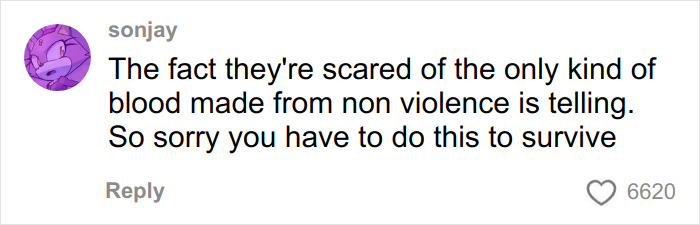 Comment by sonjay on social media about women using period pads to scare off men stalkers, highlighting survival and non-violence.