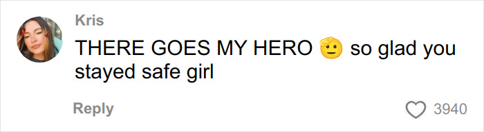 Comment from Kris expressing relief and support for a woman who scared off men stalkers using a period pad.