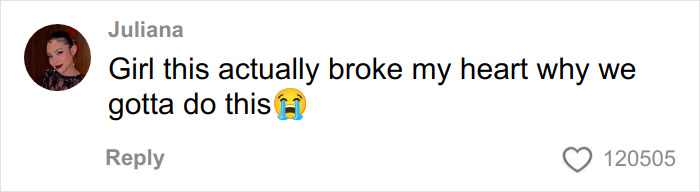 Comment by Juliana expressing heartbreak with a crying emoji reacting to a post about a woman scaring off men stalkers using a period pad. Comment by Juliana expressing heartbreak with a crying emoji reacting to a post about a woman scaring off men stalkers using a period pad.