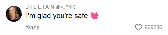 Comment from a woman expressing relief and safety with a heart emoji, related to woman scares off men stalkers period pad.