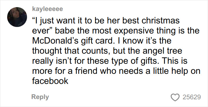 Comment expressing concern over buying inexpensive Dollar Store items for a child's Angel Tree gift haul. Comment expressing concern over buying inexpensive Dollar Store items for a child's Angel Tree gift haul.