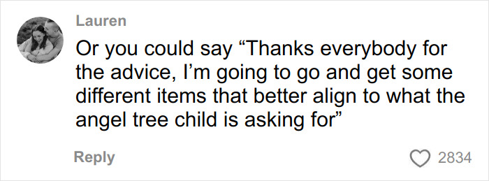 Social media comment discussing backlash after woman buys Dollar Store items for child’s Angel Tree gifts. Social media comment discussing backlash after woman buys Dollar Store items for child’s Angel Tree gifts.