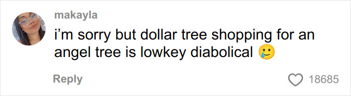 Screenshot of a social media comment criticizing dollar store shopping for a child’s Angel Tree haul with a thoughtful emoji. Screenshot of a social media comment criticizing dollar store shopping for a child’s Angel Tree haul with a thoughtful emoji.