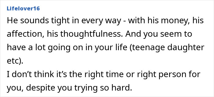 Text post from Lifelover16 discussing someone being tight with money, affection, and thoughtfulness, relating to spoiling boyfriend on his birthday.