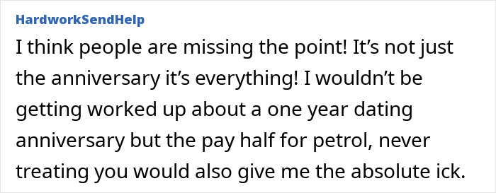 Comment discussing woman spoiling boyfriend on birthday and feeling the ick over petrol money gift perceived as lack of treating. Comment discussing woman spoiling boyfriend on birthday and feeling the ick over petrol money gift perceived as lack of treating.