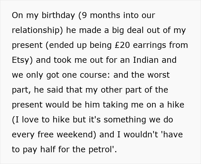 Text excerpt showing a woman spoiling her boyfriend on his birthday but feeling the ick when receiving petrol money as a gift.