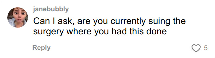 Comment asking if suing the surgery after getting veneers in Turkey, shown on a social media post by user janebubbly.