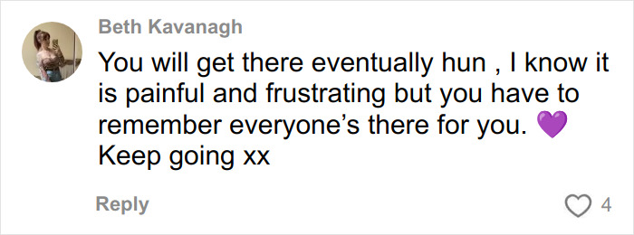 Comment by Beth Kavanagh offering support and encouragement about overcoming pain and frustration with a purple heart emoji.