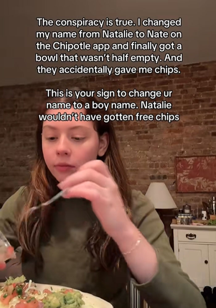 Woman testing Chipotle orders under male names, showing difference in food portions and extra chips received. Woman testing Chipotle orders under male names, showing difference in food portions and extra chips received.