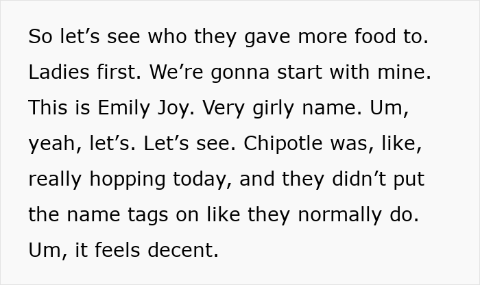 Text discussing testing if Chipotle gives more food on orders under male names versus female names. Text discussing testing if Chipotle gives more food on orders under male names versus female names.