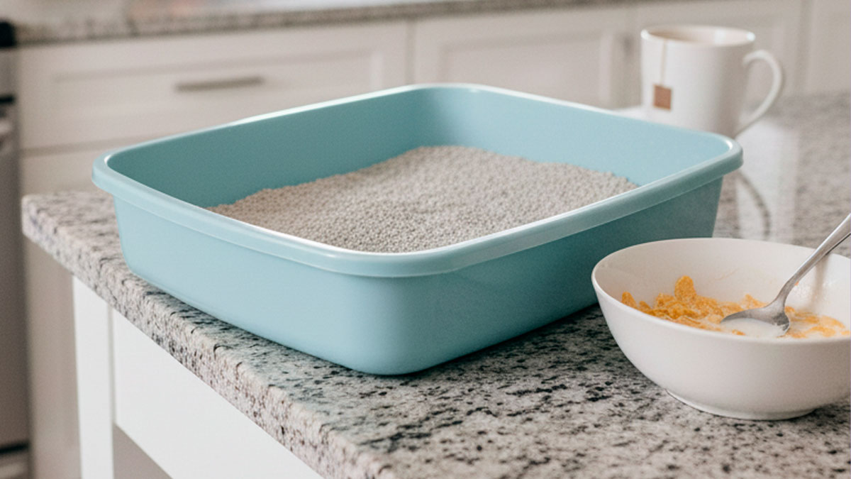 Blue cat litter box placed on kitchen counter next to cereal bowl and tea mug in a home service professional setting.