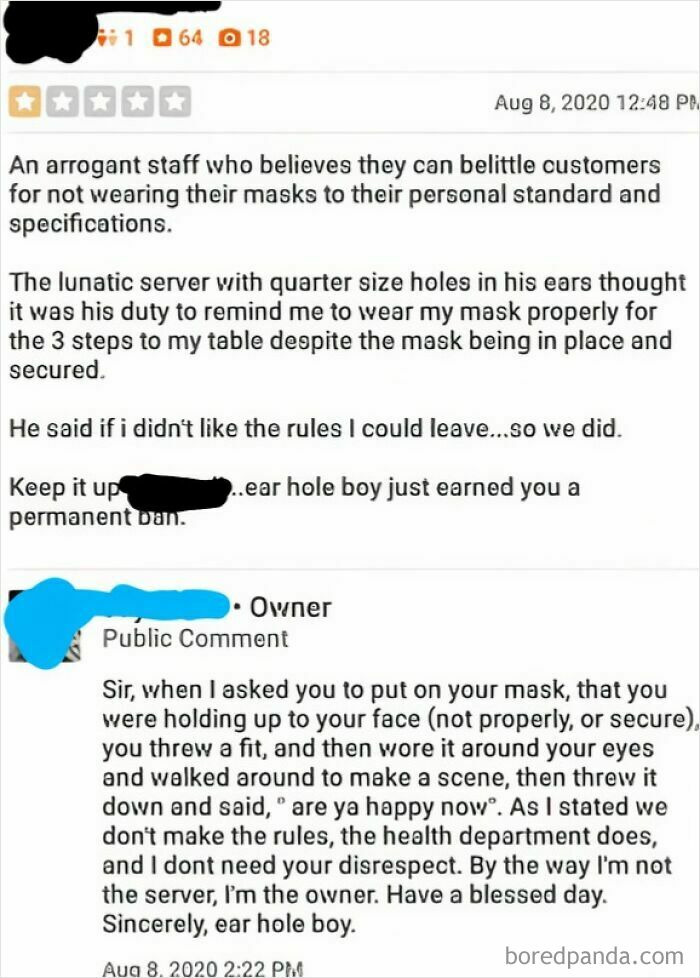 Customer review and owner response illustrating entitlement and conflict over mask rules, highlighting entitled person behavior in 2025.