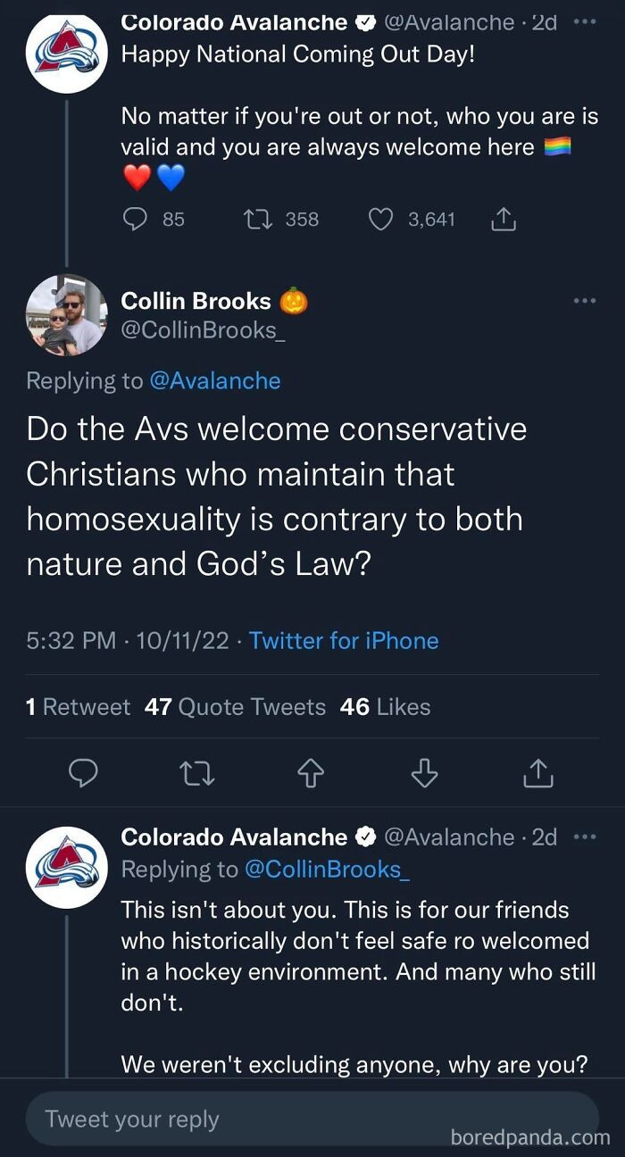 Screenshot of a Twitter exchange highlighting entitlement and exclusion debates involving Colorado Avalanche fans.