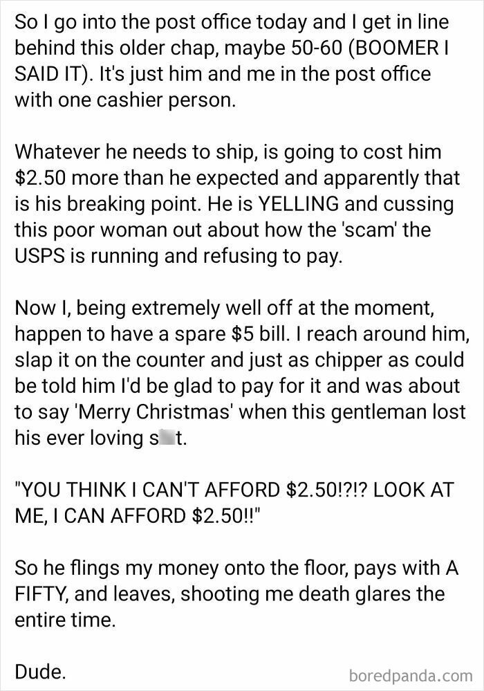 Text of a man yelling at a cashier over a $2.50 shipping cost, showing extreme entitlement in a post office incident.