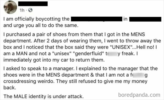 Alt text: Screenshot of an entitled social media post complaining about unisex shoes and demanding a refund from the men's department.