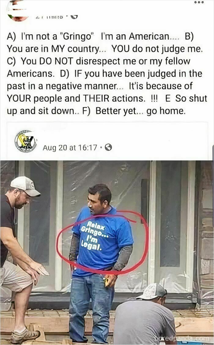 Man wearing a blue shirt with entitled statement, circled in red, depicting an example of people who could win most entitled person awards.