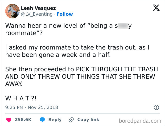 Tweet showing a roommate’s entitled behavior by only throwing out the trash she personally discarded, highlighting entitlement in 2025.