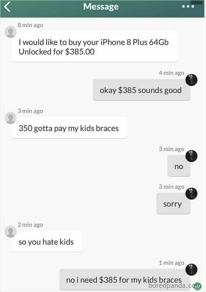 Text message exchange showing entitled person negotiating price for iPhone and using kids' braces as leverage to lower price.
