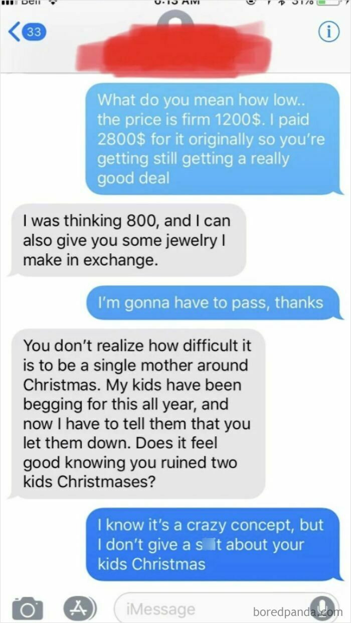 Text message exchange showing entitled person refusing to lower price despite emotional plea about kids' Christmas hardships.