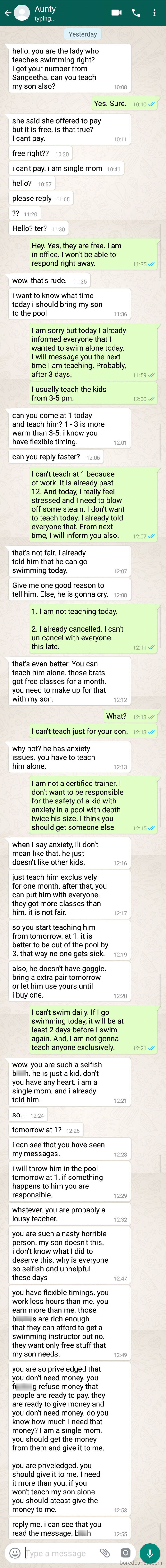 Text message exchange showing a parent demanding free swimming lessons for her son, highlighting entitled behavior in 2025 context.