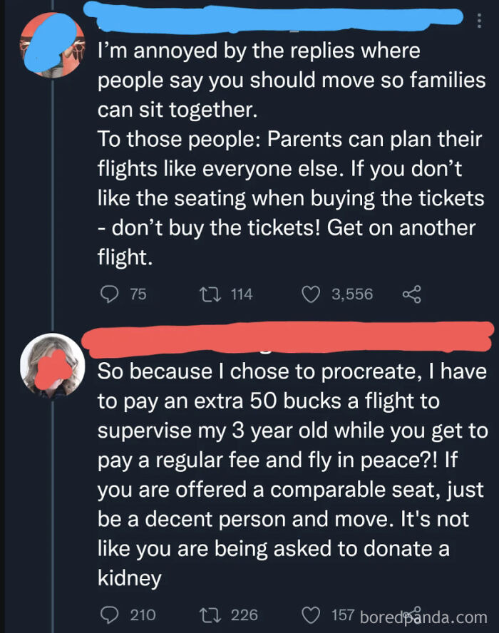 Two Twitter users debate airline seating fees and entitlement, highlighting complaints about paying extra to supervise children on flights.