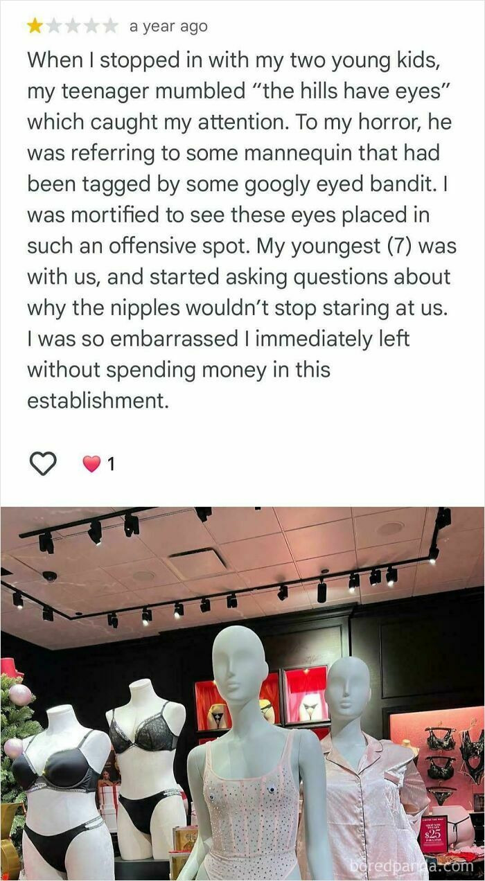 Review about an entitled customer embarrassed by mannequins in lingerie, illustrating entitled person behavior in 2025.