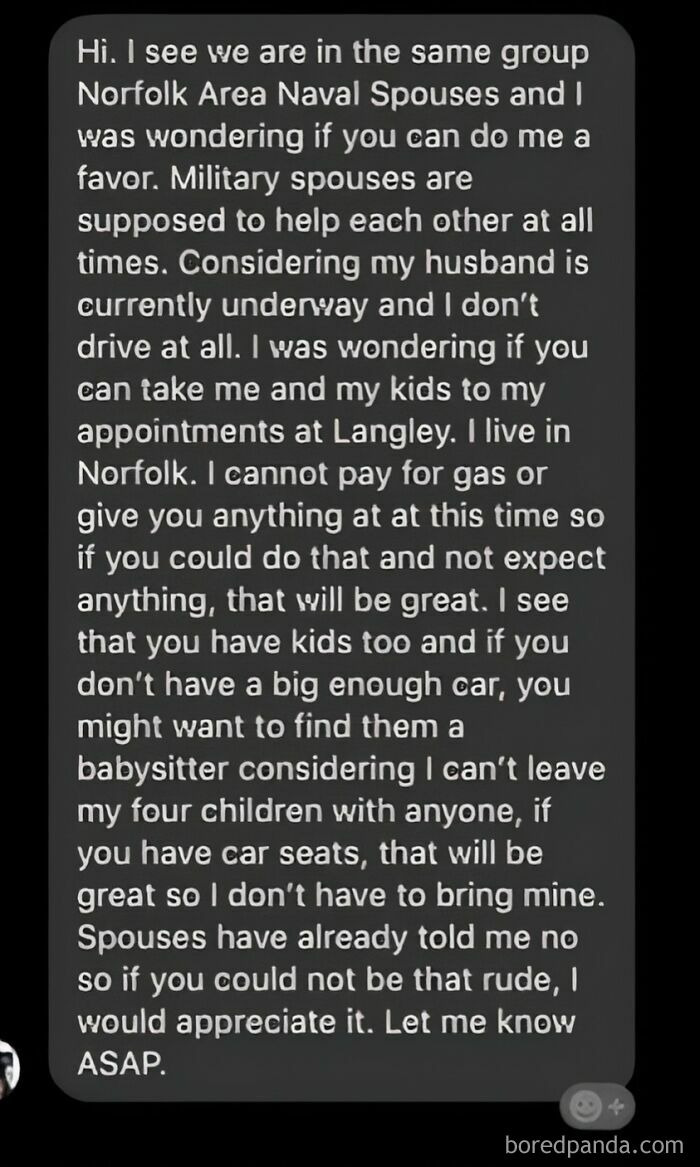 Screenshot of entitled message from a military spouse demanding free rides and favors without offering anything in return.