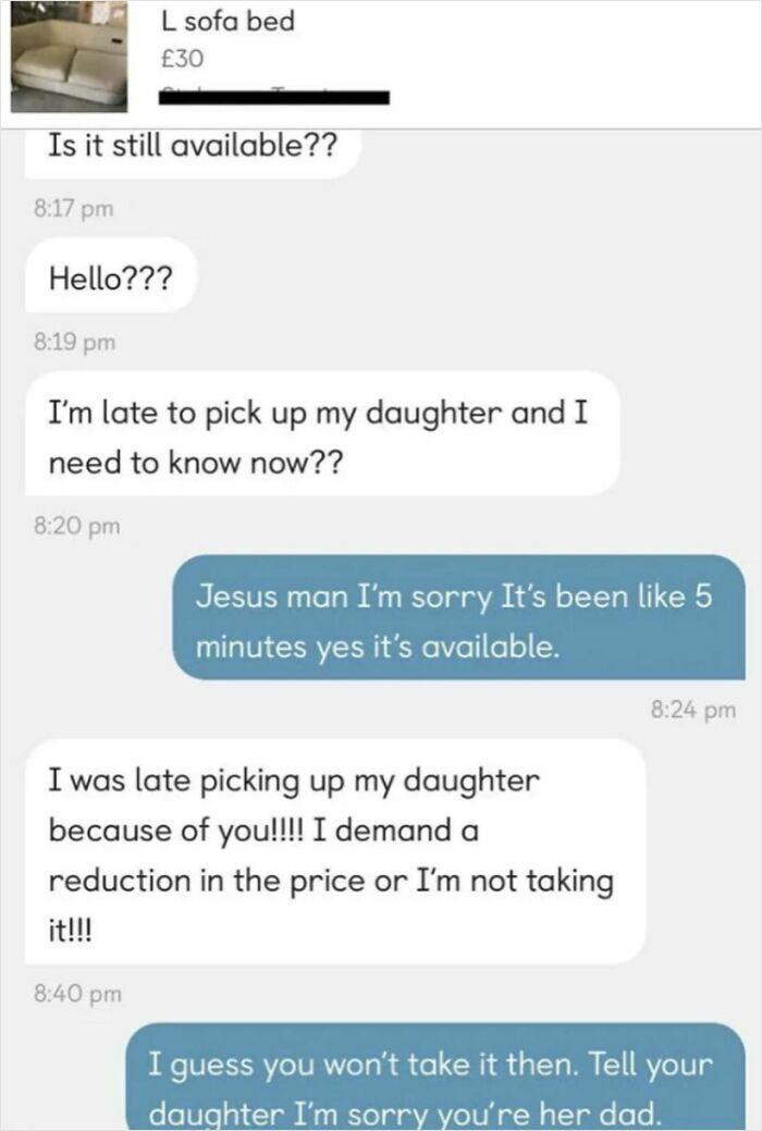 Text message exchange showing an entitled buyer demanding a price reduction after a minor delay in response about a sofa bed.
