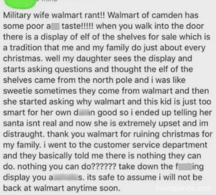 Text rant from a military wife upset with Walmart's elf display, fitting the theme of entitled people in 2025.