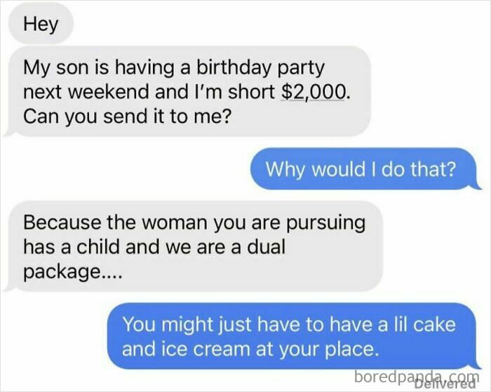 Text message conversation showing entitled person asking for $2,000 for a birthday party, highlighting entitlement in 2025.