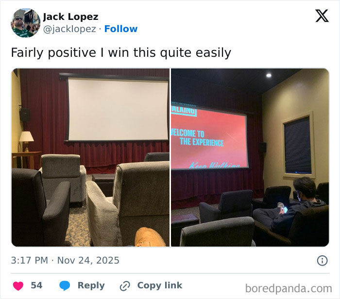 Small, outdated movie theater with few seats and poor screen quality, illustrating worst movie theaters shared by people.