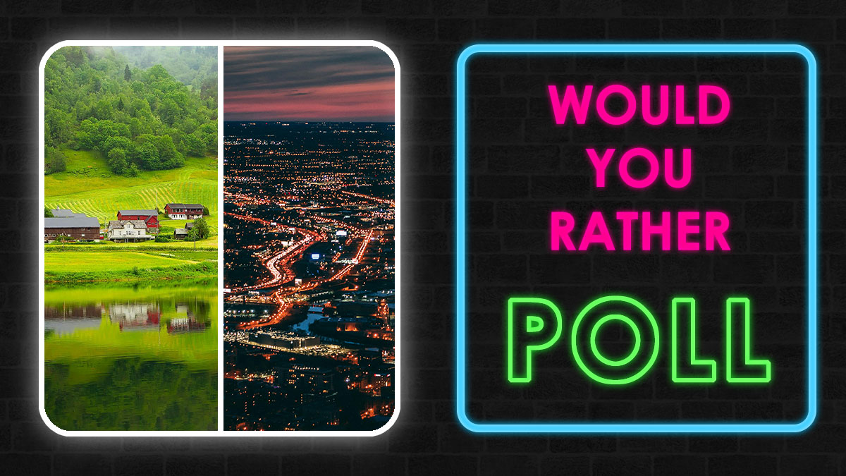Split image showing peaceful countryside and cityscape at dusk next to neon sign reading would you rather poll for public speaking dilemmas.