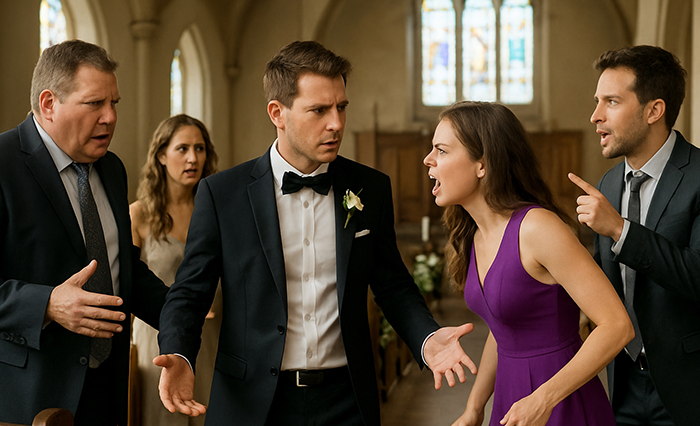 Bride confronts groom in wedding venue, visibly upset after discovering cheating, while guests react with shock and confusion.