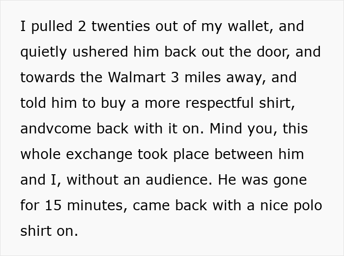 Text describing a dad refusing to let inappropriate shirt choices slide during a dinner with his daughter's boyfriend. Text describing a dad refusing to let inappropriate shirt choices slide during a dinner with his daughter's boyfriend.