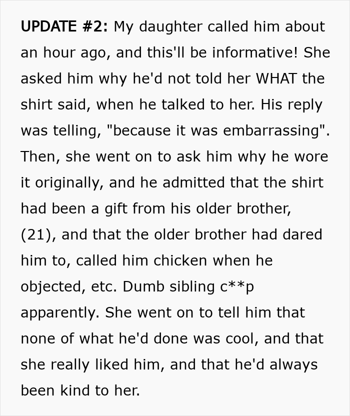 Text update describing a guy wearing an inappropriate shirt as a dare to dinner with girlfriend’s parents and the dad’s reaction. Text update describing a guy wearing an inappropriate shirt as a dare to dinner with girlfriend’s parents and the dad’s reaction.